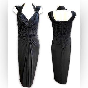 Tadashi Draped Rushed Hourglass Slinky Deep V Gown Formal Midi Dress XL